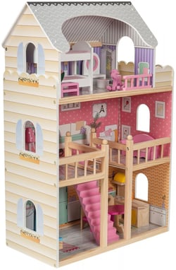 Grande Maison de Poupées Bois, Éclairage LED 60x30x90 cm - 3 Étages Terrasse & Accessoires