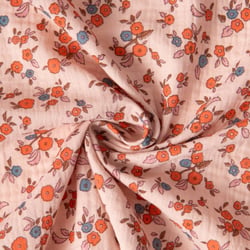 Tissu Double gaze de Coton Fleuris June sur fond Pêche