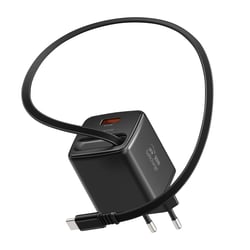 Swissten Chargeur Secteur USB-A 30W avec Câble Rétractable USB-C 0.75m Intégré Noir