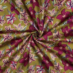 Tissu Coton satiné digital Naya fleurs Pourpre et Rose sur fond Ocre