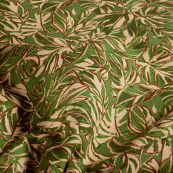 Tissu Sweat léger French Terry Marina extensible feuilles Ecru sur fond Vert kaki