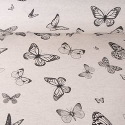 Tissu Toile de Coton Lin Papillon noir sur fond Naturel