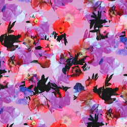 Tissu Sweat léger French Terry digital Fleurs violettes et roses sur fond Parme