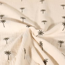 Tissu Double gaze de Coton Poppy Palmiers brodés sur fond Ecru