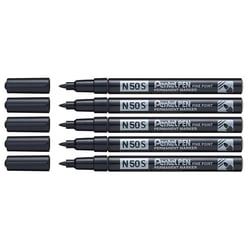 Lot de 5 marqueurs permanents - PENTEL - Pointe ogive fine 1,0 mm - Corps aluminium - Noir