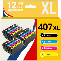 123CONSOMMABLES - Pack de 12 Cartouches d'encre compatibles avec Epson 407XL WorkForce Pro WF-4745DTWF (3 Noires 3 Cyan 3 Magenta 3 Jaune) - 123CONSOMMABLES