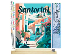 Peinture par Numéro Figured'Art - Affiche de voyage Santorin en fleurs - Kit de Loisir Créatif DIY Numéro d'Art Complet - 40x50cm toile roulée + châssis en bois à monter