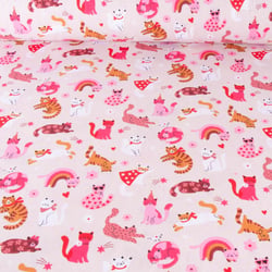 Tissu Coton imprimé chatons roses sur fond Rose clair