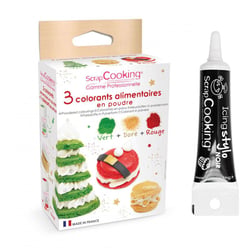 3 colorants en poudre vert, rouge et doré + Stylo glaçage noir