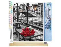 Peinture par Numéro Figured'Art - Terrasse et Bouquet - Kit de Loisir Créatif DIY Numéro d'Art Complet - 40x50cm toile roulée + châssis en bois à monter