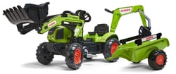 Tractopelle à pédales Claas avec excavatrice arrière et remorque - Vert - Dès 2 ans - 100% Fabriqué en France - Contient 60% de Plastique recyclé - FALK