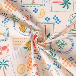 Tissu Coton enduit Cagliari voyage estival sur fond Ecru