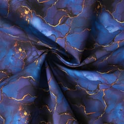 Tissu Coton imprimé  Velkora marbrures Dorées sur fond Bleu roi - Au mètre