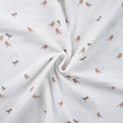 Tissu Double gaze de Coton Oiseaux Lua sur fond Blanc