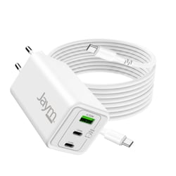 Jaym Chargeur Secteur GaN 100W Universel 3 Ports avec Câble USB-C 2m Blanc