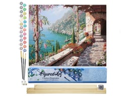 Peinture par Numéro Figured'Art - Vue Mer depuis le Patio - Kit de Loisir Créatif DIY Numéro d'Art Complet - 40x50cm toile roulée + châssis en bois à monter