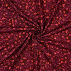 Tissu Viscose imprimé Irina fleurs Fuschia et Corail sur fond Bordeaux