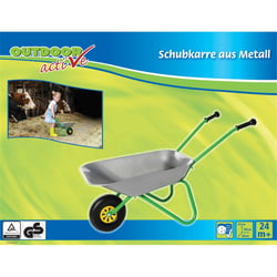 Brouette en métal, argent et vert
