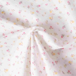 Tissu Popeline de Coton légère Petites fleurs jaunes et rose sur fond Blanc