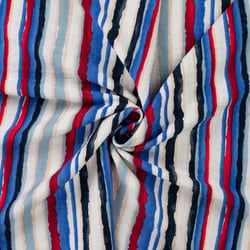 Tissu Viscose texturé Rayures Aquarelle Bleu & Rouge sur fond Ivoire