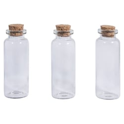 Récip.verre av. couvercle liège, ø2,3cm, 6,5cm, 20ml, ouverture 1,2cm,boîte 3 pces