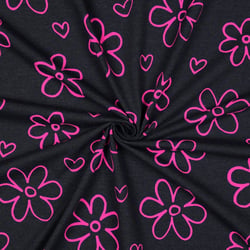Tissu Jersey Polycoton imprimé Fleurs Neon Rose sur fond Noir