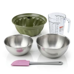 Set pâtisserie avec moule à kouglof 25 cm revêtu cire de carnauba, 2 bols à mixer, verre mesureur et spatule Zenker