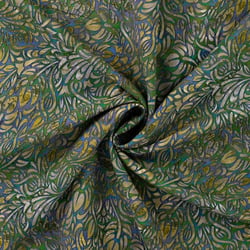 Tissu Voile de Tencel Lin Arabesques fleuries vertes sur fond Bleu