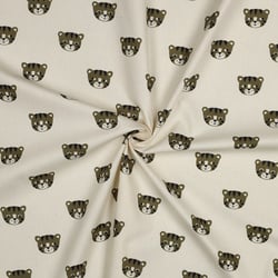 Tissu Popeline de Coton Bio Têtes de Tigres Kaki sur fond Ecru