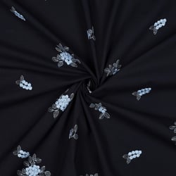 Tissu Voile de Coton Fleurs bleues brodées sur fond Bleu marine