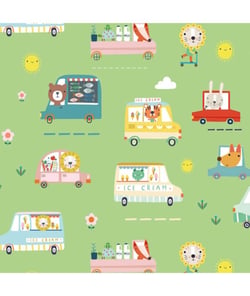 Tissu coton Dashwood Summer Fun véhicules de 110 cm de largeur 0009 Vert vendu par 50 cm