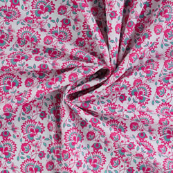 Tissu Voile de Coton Fleurs fuschia et turquoise sur fond Blanc