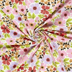 Tissu Jersey Coton imprimé Jardin fleuris sur fond Ecru