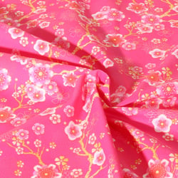 Tissu Coton imprimé Hanami Sakura Fleuris sur fond Rose fuchsia