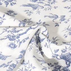 Tissu Coton imprimé Inspiration Jouy bird  bleu sur fond Blanc cassé - Au mètre