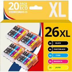 123CONSOMMABLES - 26XL - Cartouche d'encre compatible avec Epson pour Epson Expression Premium XP-510 XP-520 XP-600 XP-605 XP-610 XP-615 XP-620 XP-625 XP-700 XP-710 XP-720 XP-800 XP-810 (pack de 20) - 123CONSOMMABLES