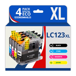 123CONSOMMABLES - LC123 - Pack 4 Cartouches Compatibles avec Brother LC123XL pour Imprimante DCP-J132W J152W J172W J552DW J752DW J4110DW MFC-J245 J6520DW J6720DW (1 Noir / 1 Cyan / 1 Magenta / 1 Jaune) - 123CONSOMMABLES
