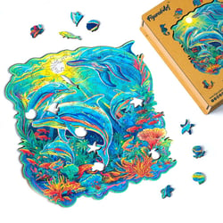 Puzzle en Bois Adulte et Enfant Figured'Art 200 pièces Animaux - Dauphins et Récif corallien - Design Original 28x28,5 cm Forme Unique avec Coffret en bois Premium, Parfait pour Offrir en Cadeau
