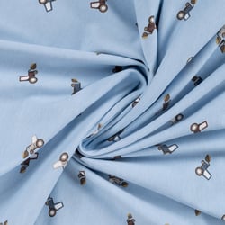 Tissu Jersey Coton imprimé Noé petits tracteurs sur fond Bleu ciel
