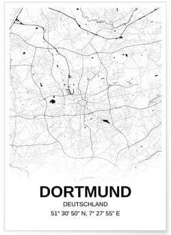 Affiche carte Dortmund - rectangle Noir et Blanc | A3 : 29,7x42cm