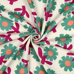 Tissu Double gaze de Coton Bio Jennifer Bouron fleurs Vert sur fond Ecru