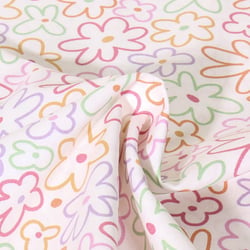 Tissu Popeline de Coton Fleurs lilas, vertes et roses sur fond Blanc
