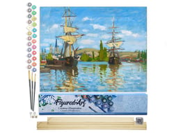 Peinture par Numéro Figured'Art - Bateaux Navigant sur la Seine à Rouen - Monet - Kit de Loisir Créatif DIY Numéro d'Art Complet - 40x50cm toile roulée + châssis en bois à monter