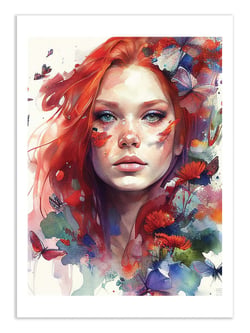 Affiche 50 x 70 cm -  Watercolor floral red hair woman - Chromatic fusion studio