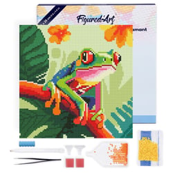 Mini Diamond Painting Broderie Diamant Figured’Art 25x25cm toile tendue sur châssis en bois - diamants ronds - Rainette Tropicale aux Yeux Rouges