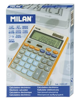 Boîte calculatrice grise et orange 12 chiffres, convertisseur de devises