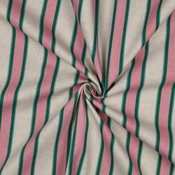 Tissu Toile Polycoton canvas aspect lin Lior rayures Rose et Vert sur fond Naturel