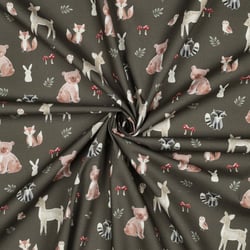 Tissu Popeline de Coton digital Tara animaux de la forêt sur fond Vert kaki