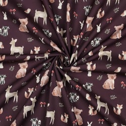 Tissu Popeline de Coton digital Tara animaux de la forêt sur fond Burgundy