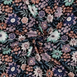 Tissu Popeline de Coton Poppy tissage fin fleurs Lio sur fond Noir
